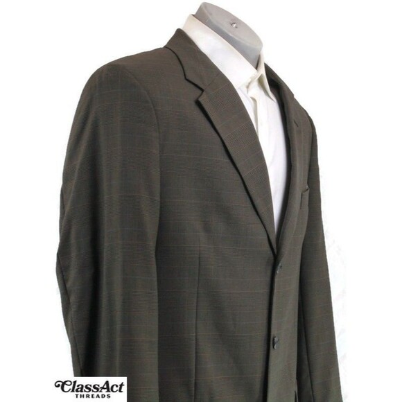 Jos A Bank 2 Piece Suit Mens Green Glen Plaid 3 Btn Wool 44L Pleated Fronts 36 W - Picture 5 of 10